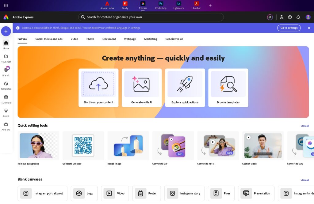 Adobe Express dashboard with premium templates and export options.
