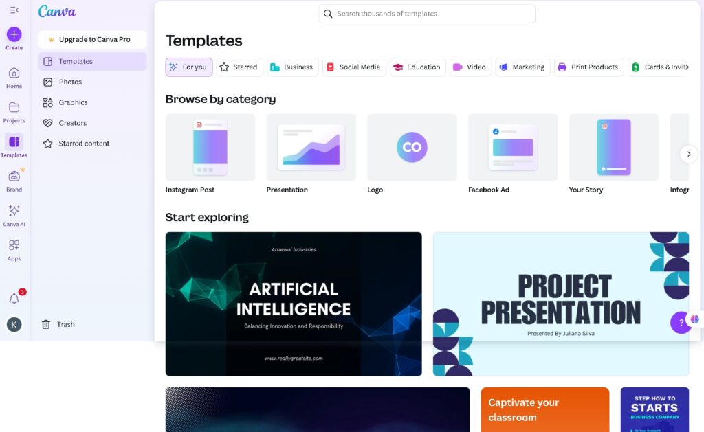 Canva editor showing Magic Design feature and template library.