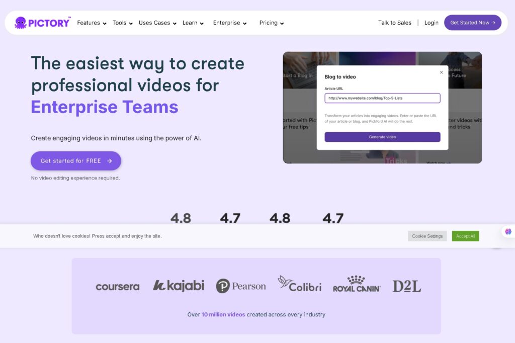 Pictory AI storyboard editor and export panel.