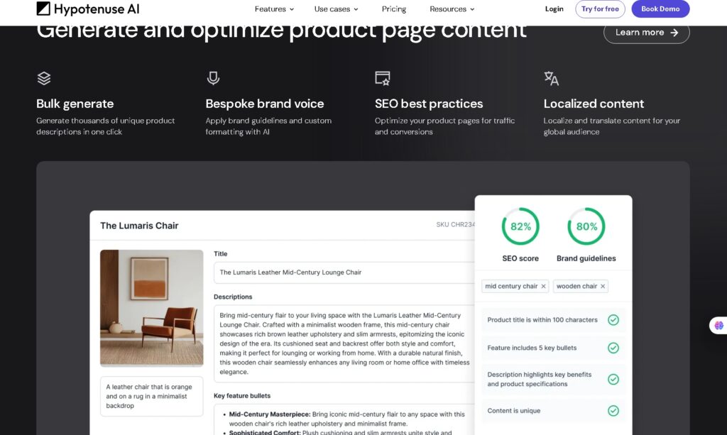 Hypotenuse AI bulk product description generator interface