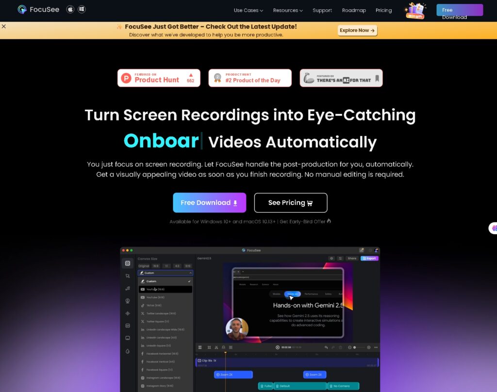 FocuSee video recording interface with AI auto-zoom feature – Screen Studio alternative
