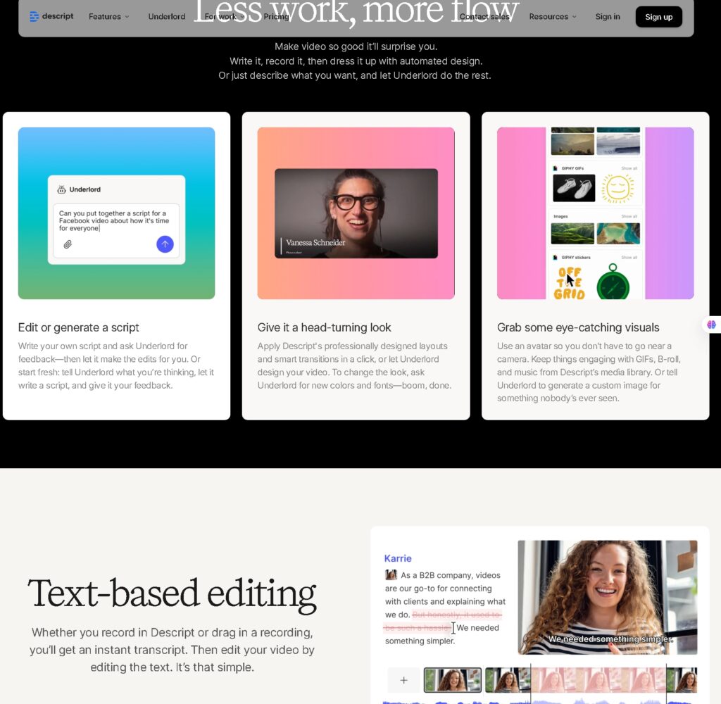 Descript editor showing text-based video editing