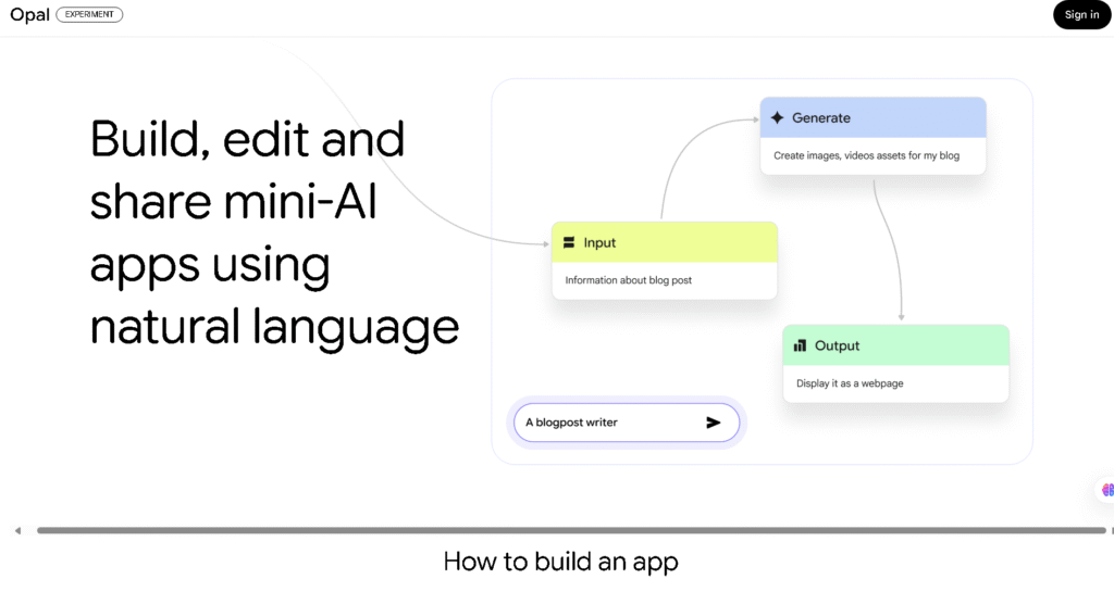 Google Opal app dashboard interface with AI prompt field and template gallery