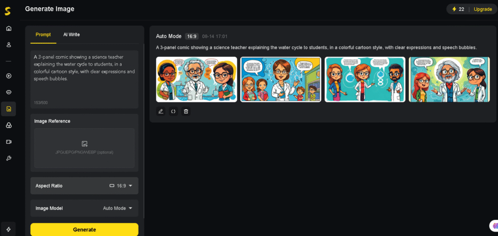 Editing interface with tools for adjusting text bubbles, characters, and backgrounds.