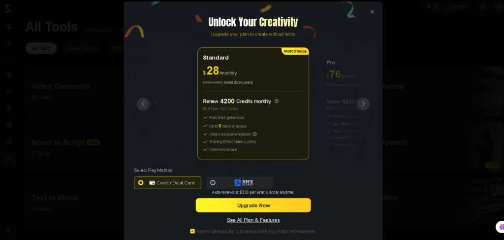 ComicAI review – ComicAI pricing plans comparison showing free, Pro, and premium subscription options.