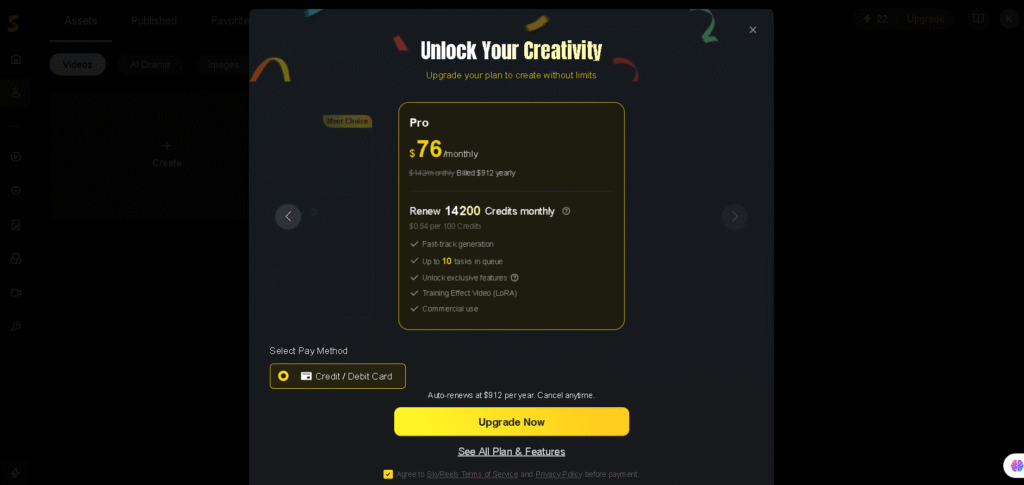 ComicAI pricing plans comparison showing free, Pro, and premium subscription options.