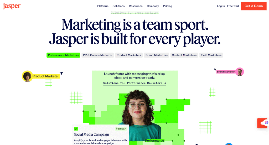 Jasper AI writing tools dashboard for creating marketing content