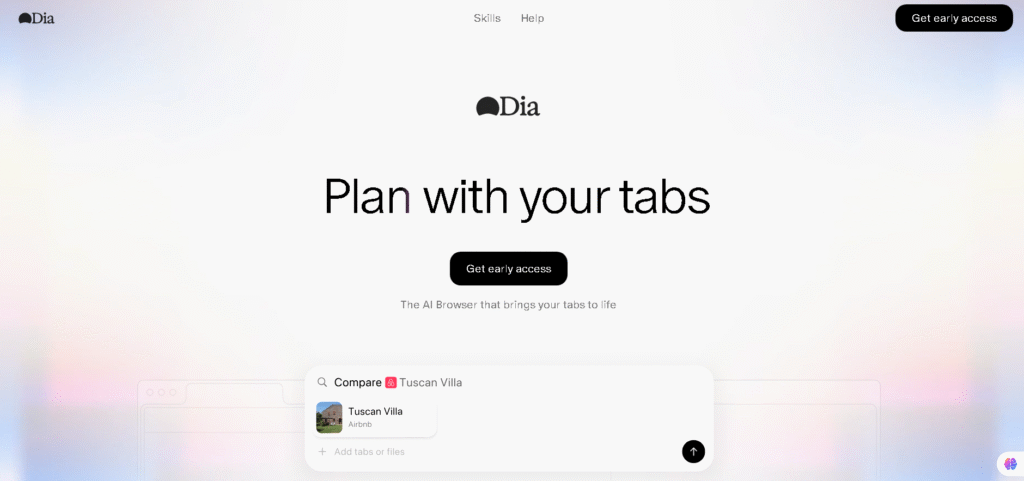 User interface of Dia highlighting workflow automation and research navigation