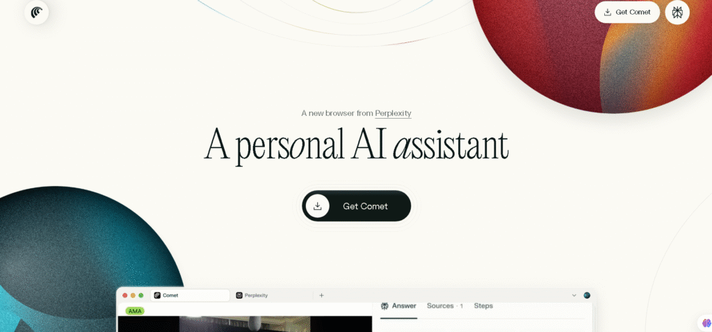 User interface of AI browsers Comet highlighting workflow automation and research navigation