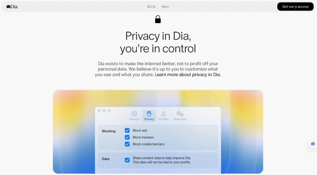 privacy settings showing Dia’s encrypted local data protection