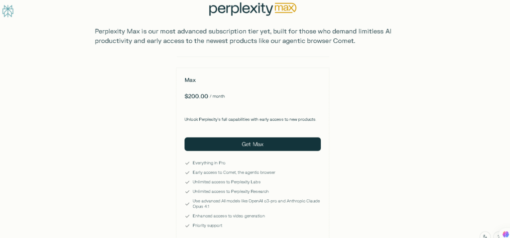 Pricing plans of Comet with subscription costs for advanced productivity and research features