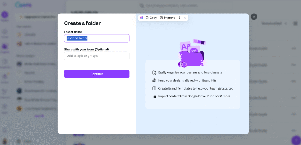 Canva shared folder showing templates accessible to multiple team members.
