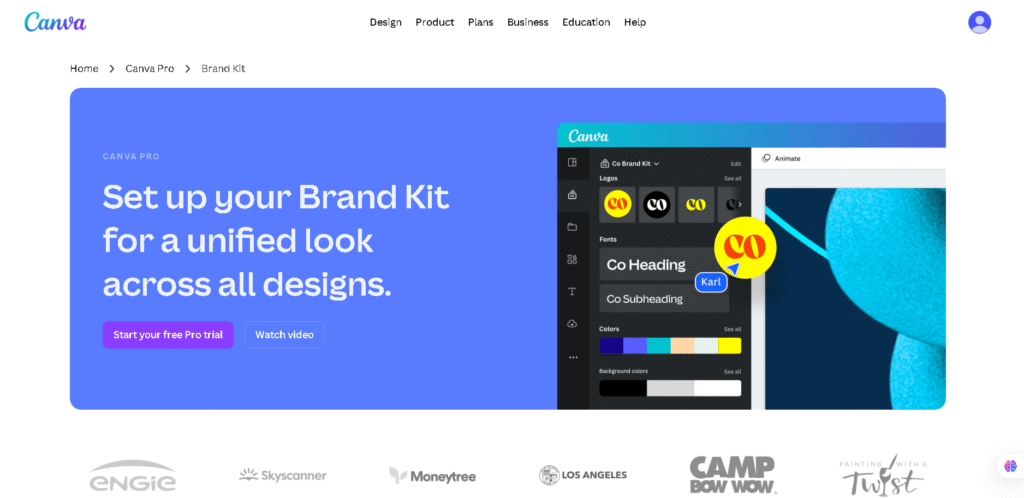 Canva brand kit displaying saved fonts, color palette, and logos for video consistency.