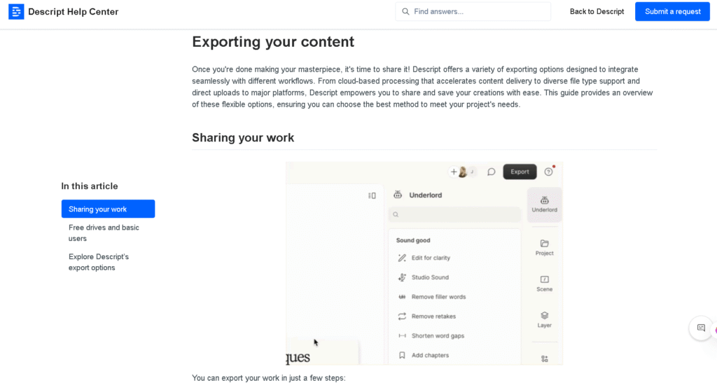 Descript export settings allowing multiple formats for publishing across platforms