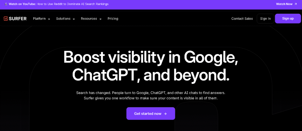 Surfer SEO dashboard showing keyword research and content optimization score an AI Tools for Marketing