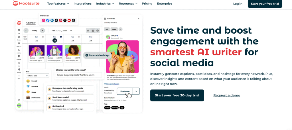 OwlyWriter AI inside Hootsuite creating social media captions and hashtags.