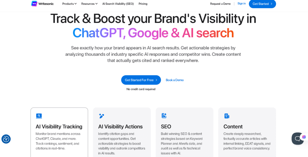 Writesonic dashboard creating ad copy variations and AI landing pages.