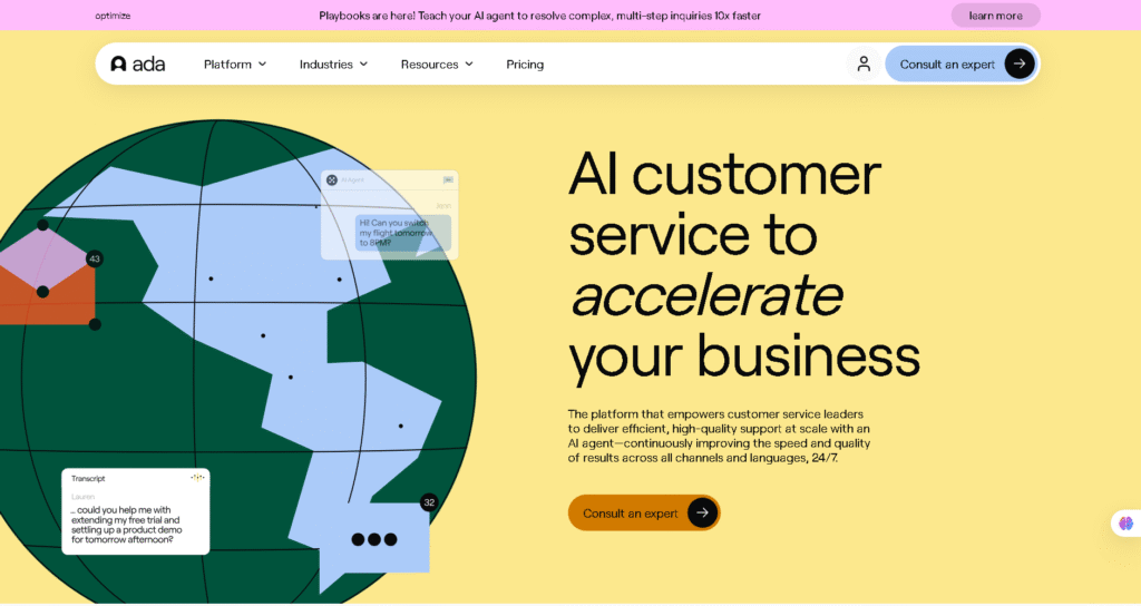 Ada chatbot builder with no-code automation for SMBs for Ultimate.ai vs Ada