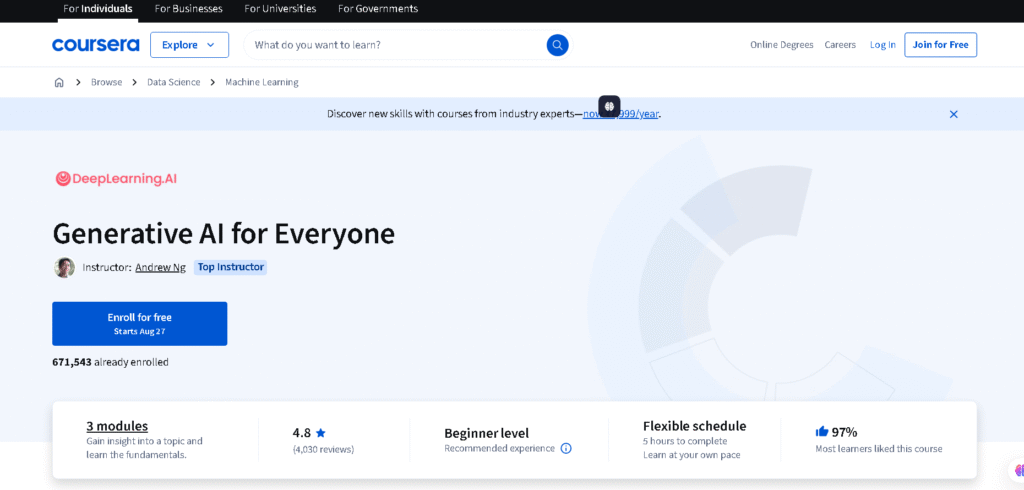 Generative AI for Everyone course screenshot from online platform