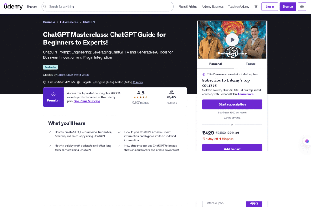 ChatGPT Masterclass complete beginners course screenshot from Udemy