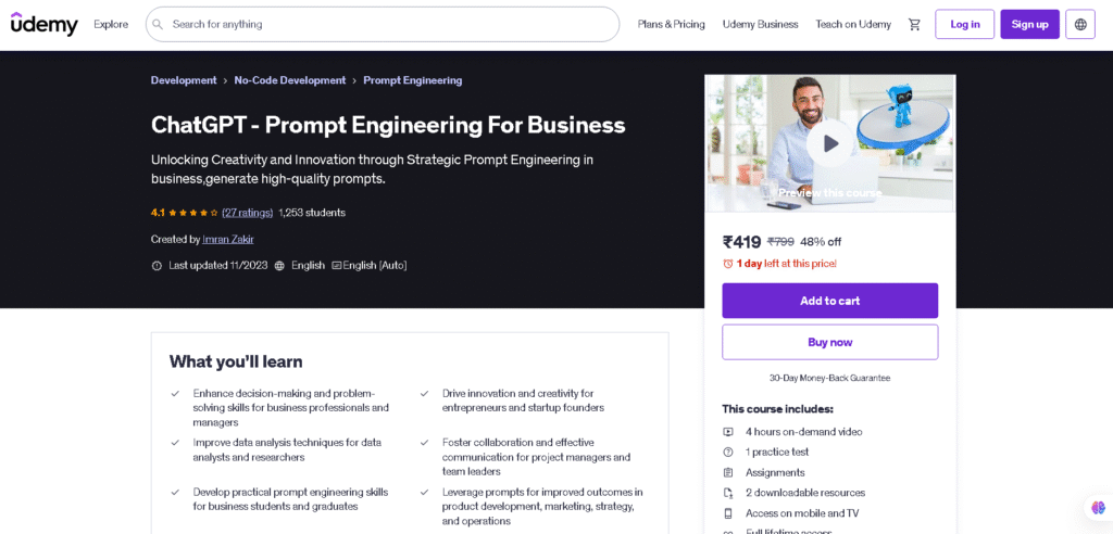 Prompt Engineering for Business course interface screenshot on Udemy