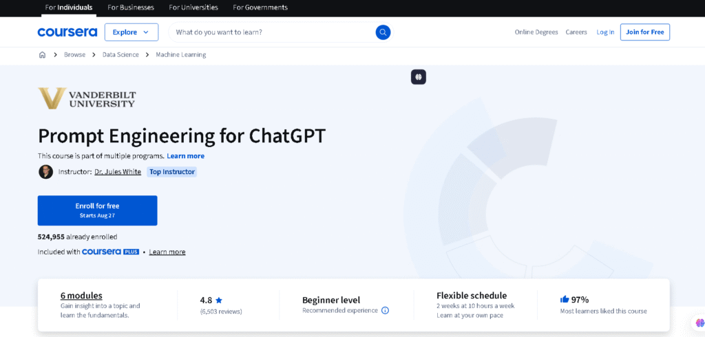 Prompt Engineering for ChatGPT course screenshot from Coursera platform an AI prompting courses