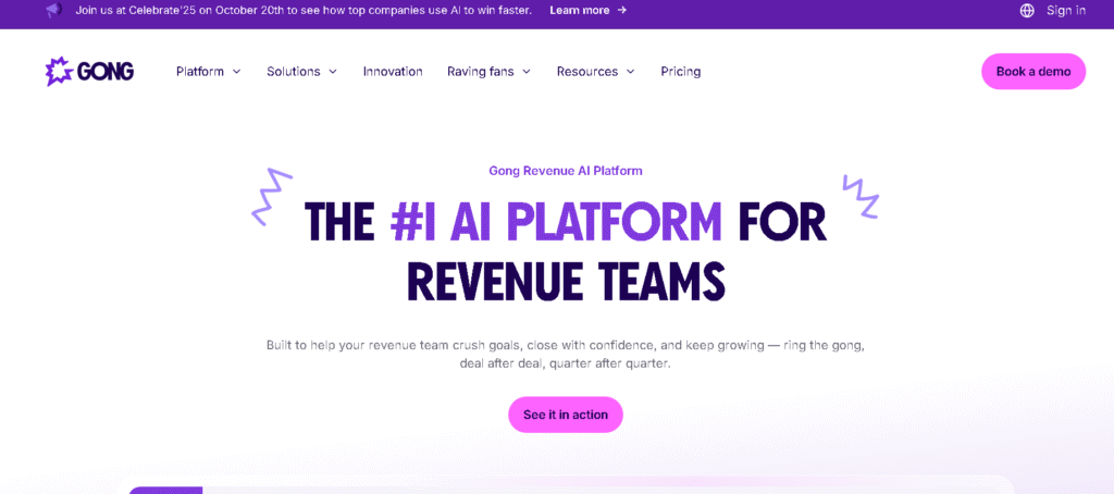 Screenshot of Gong interface showing call analysis, conversation intelligence, and sales coaching features for SMBs and mid-market teams