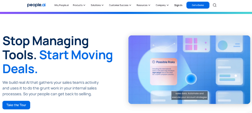 People.ai interface screenshot highlighting CRM activity capture, buyer committee mapping, and productivity dashboards for enterprise sales teams