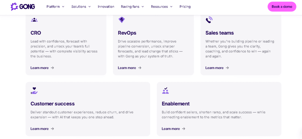 Gong feature screenshot from Gong vs People.ai vs Clari comparison showing call transcription, coaching insights, and conversation analytic