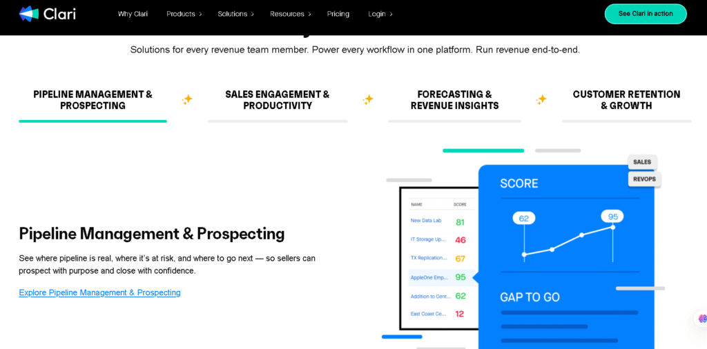 Clari feature screenshot from Gong vs People.ai vs Clari comparison displaying revenue forecasting dashboard, pipeline accuracy, and scenario planning.