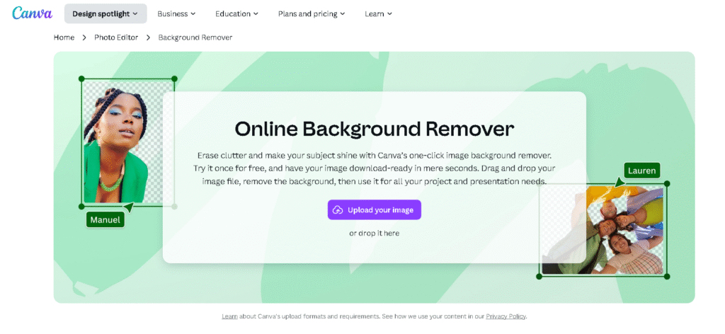 Canva AI clipping tool interface removing background from a portrait.