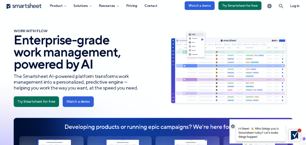 Smartsheet spreadsheet with project tracking and due dates