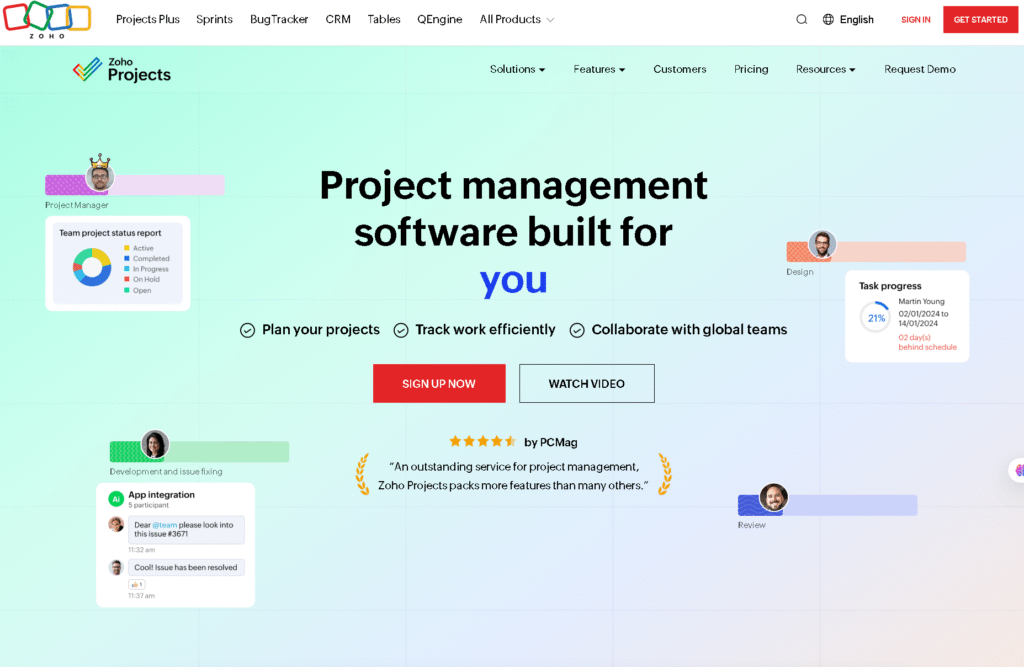 Zoho Projects dashboard with task board and Gantt view