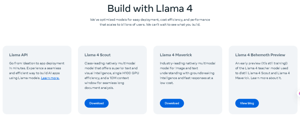 Meta LLaMA 4 dashboard showing open-source customization, AI research features, and enterprise deployment options.