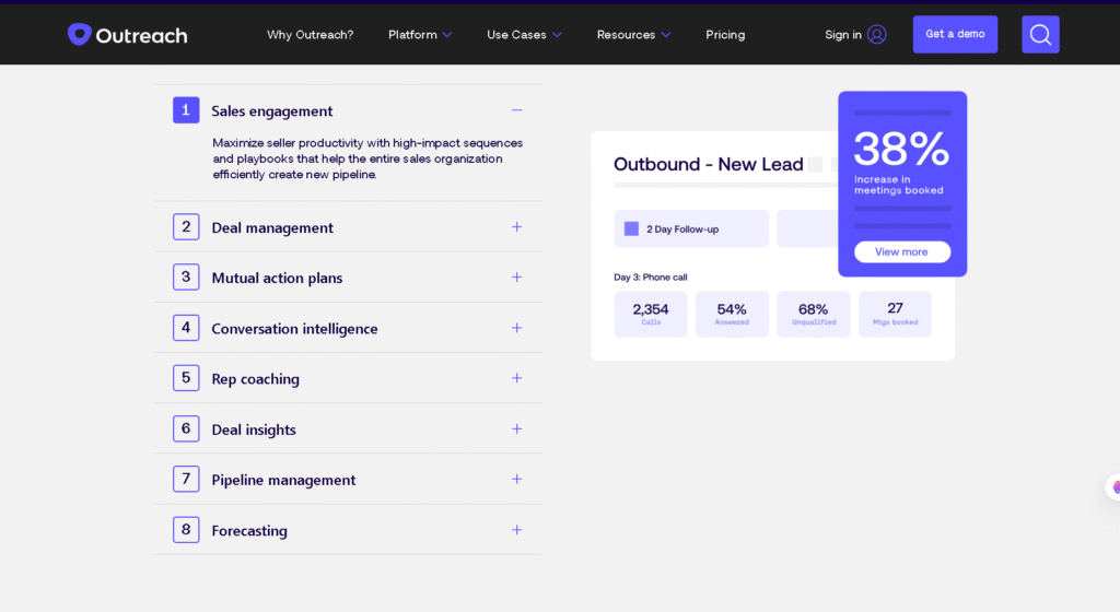 Outreach.io AI SDR agents dashboard with multi-channel sales engagement analytics