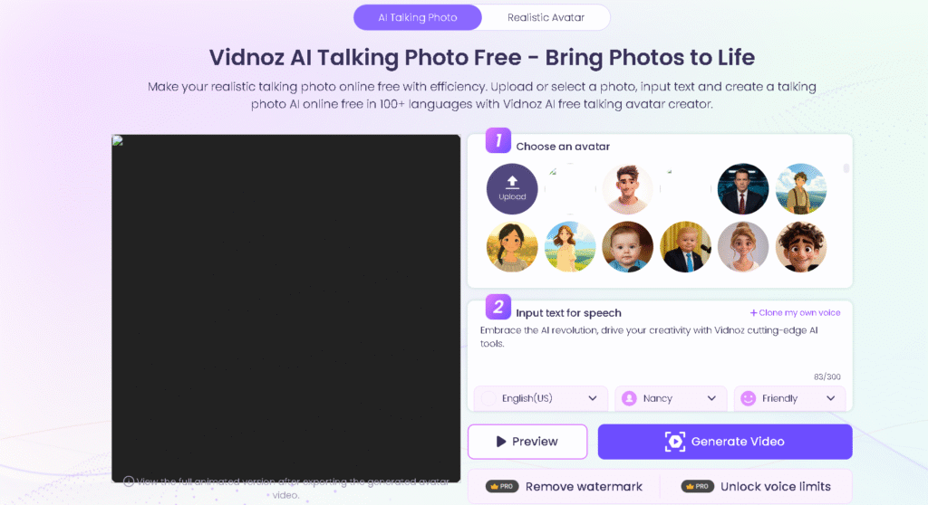 AI avatar generator dashboard with character options” / “Vidnoz free talking avatar tool interface