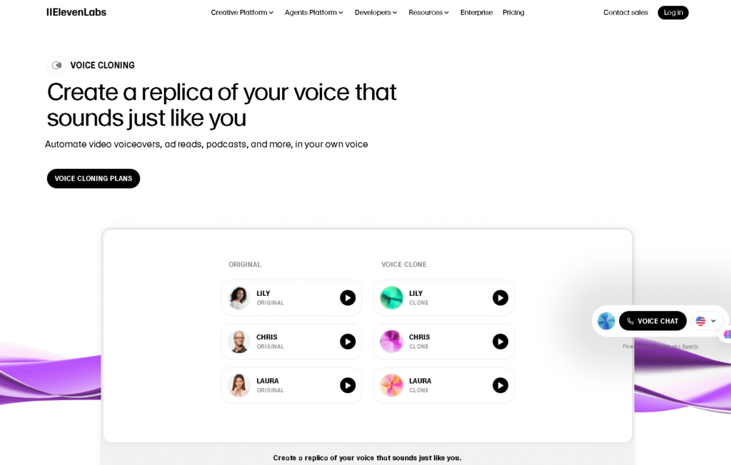 Example of ElevenLabs AI voice cloning interface with voice options.

Source: Direct from ElevenLabs website (they allow non-commercial use for blog reviews).