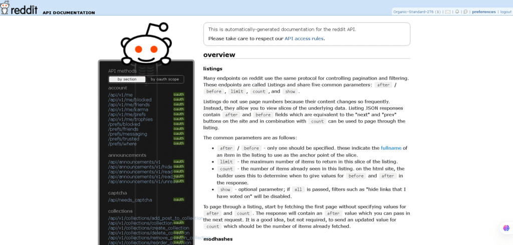 Reddit API documentation showing official methods for accessing subreddit data for analysis