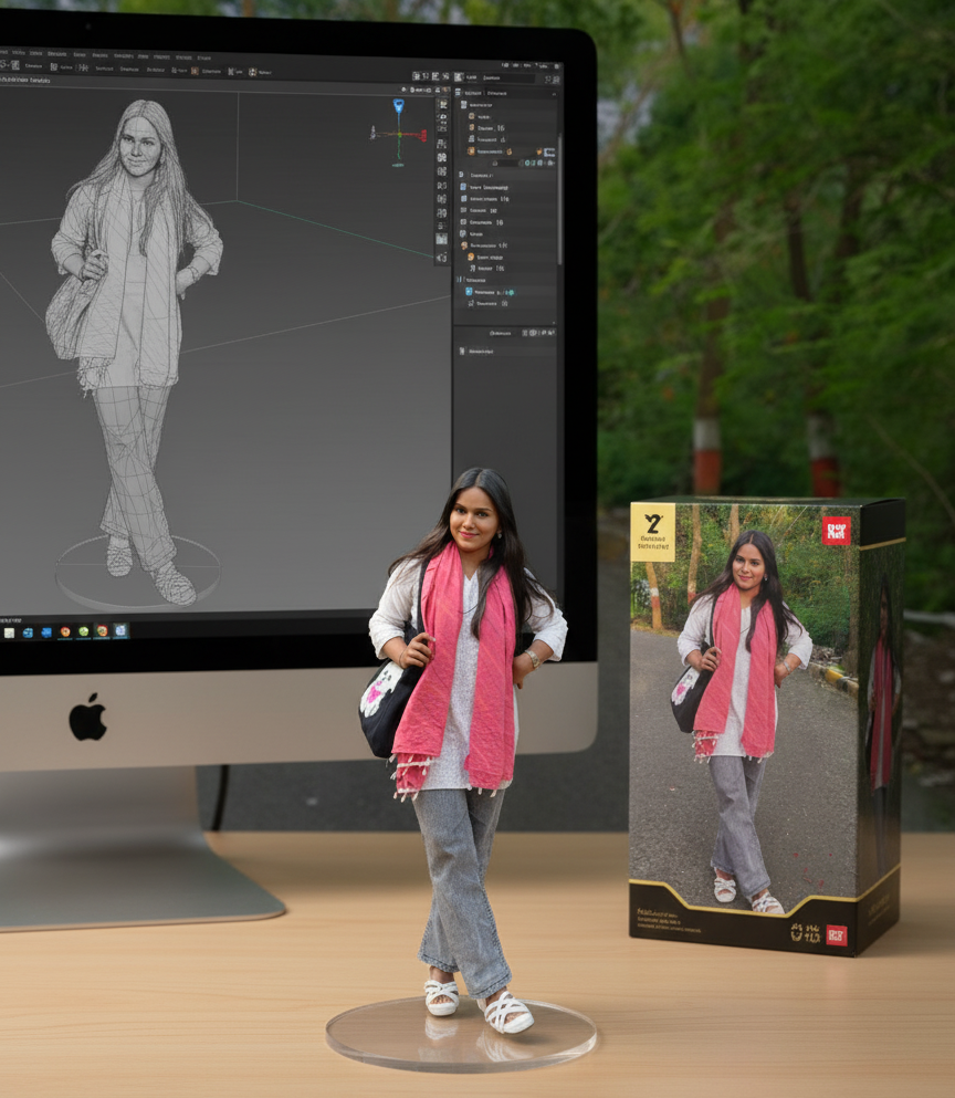 A Nano Banana AI 3D figurine of a woman on a desk with PC monitor render and collectible box packaging