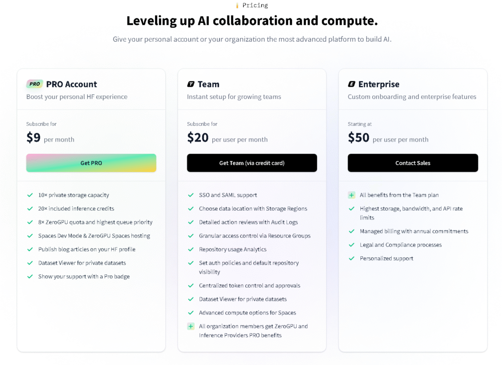 Hugging Face Inference API pricing with pay-per-use model and free tier for startups.