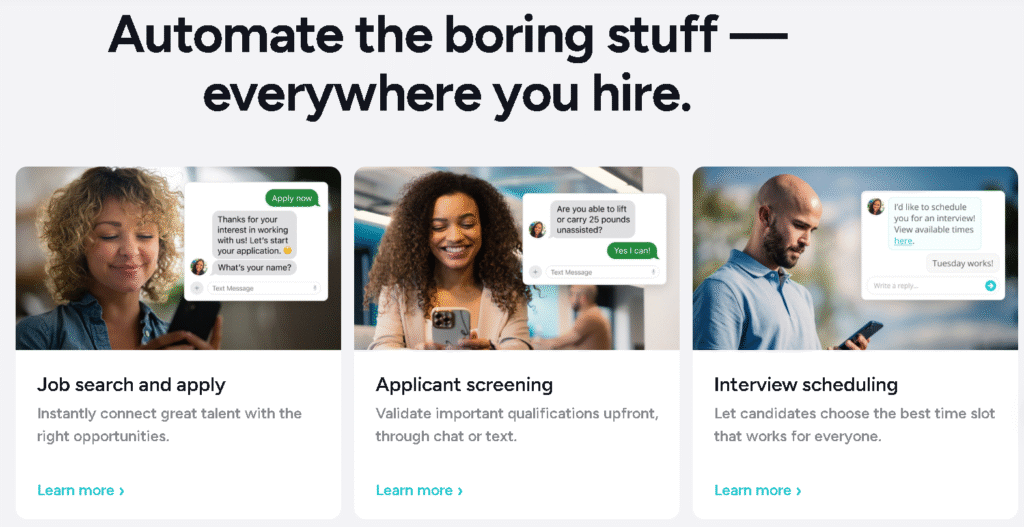 Screenshot of Paradox Olivia AI recruiting assistant homepage showcasing chatbot automation and candidate engagement tools for HR an AI Tools for HR